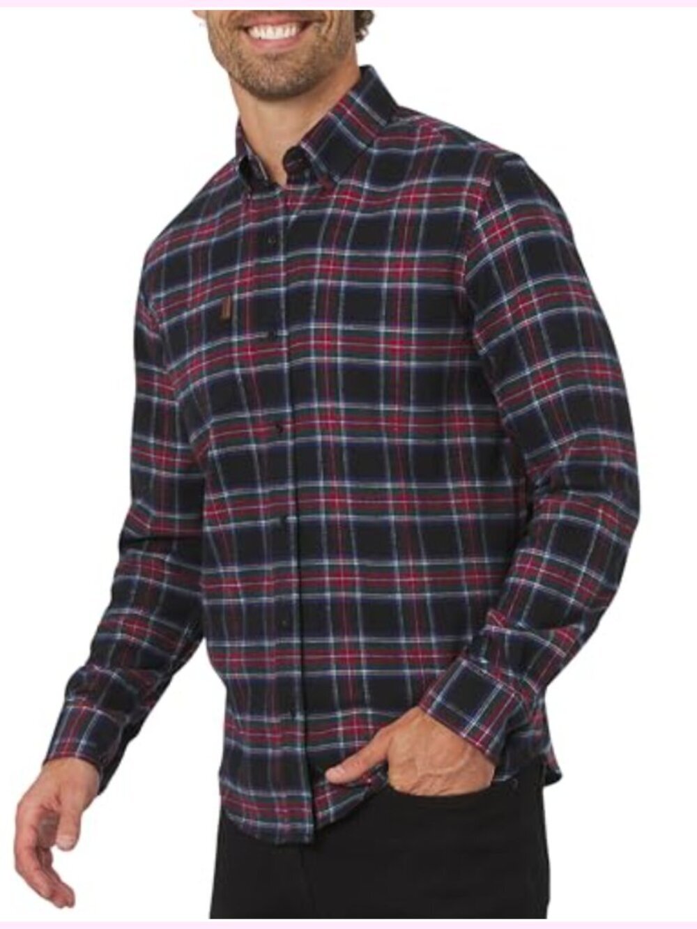 Classic Fit Long Sleeve Button Down Stretch Flannel Shirt Cotton Polyester